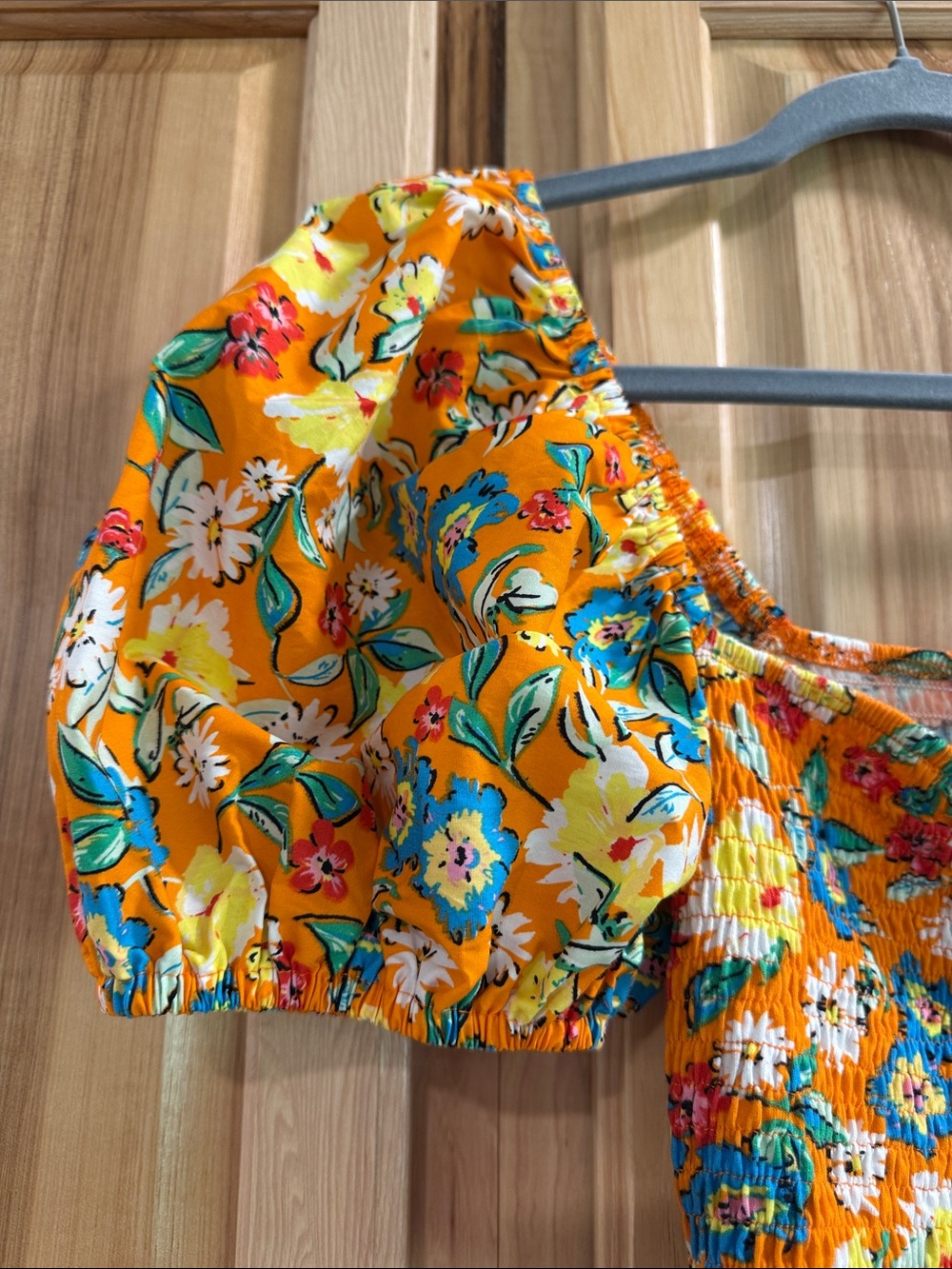 NWT ZARA Size M Orange Floral Smocked Puff-Sleeve Crop Top Peasant Prairiecore - Picture 3 of 10